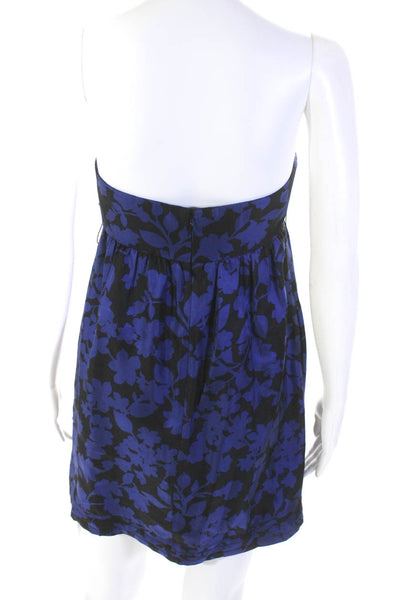 Shoshanna Womens Silk Floral Print Strapless A Line Dress Black Blue Size 0
