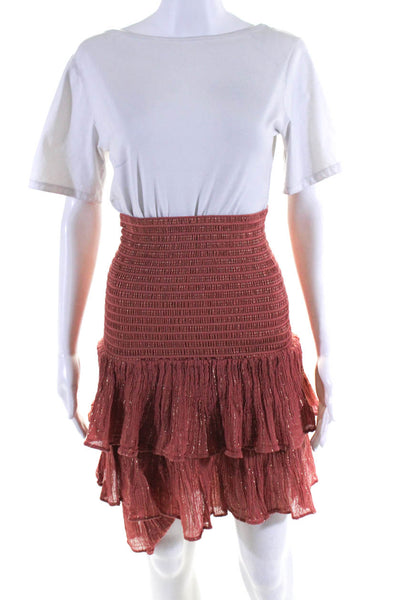 D Artemide Womens Smocked Waistband Metallic Striped Skirt Peach Cotton Small