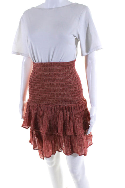 D Artemide Womens Smocked Waistband Metallic Striped Skirt Peach Cotton Small