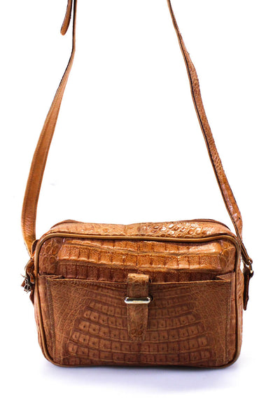 Donna Elissa Womens Crocodile Gold Tone Zip Top Crossbody Brown Small Handbag