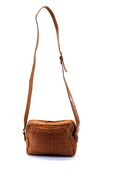 Donna Elissa Womens Crocodile Gold Tone Zip Top Crossbody Brown Small Handbag
