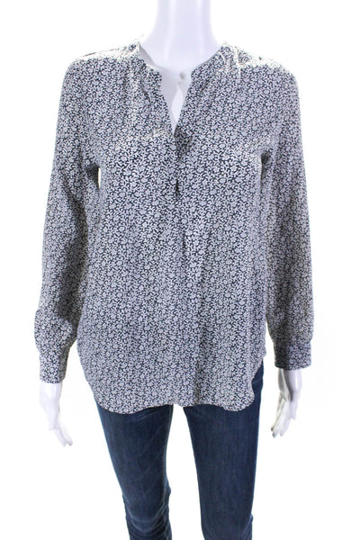 Joie Womens Silk Crepe Floral V-Neck Long Sleeve Blouse Top Navy Blue Size XS