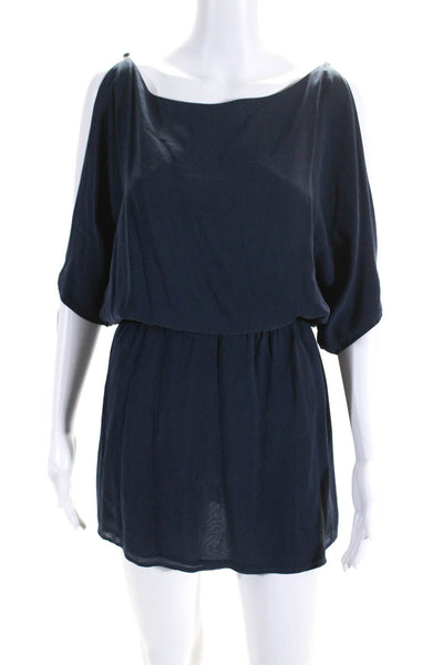 Leyendecker Womens Silk Textured Tassel Cold Shoulder Blouson Dress Blue Size 0