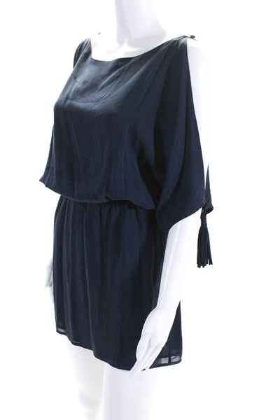 Leyendecker Womens Silk Textured Tassel Cold Shoulder Blouson Dress Blue Size 0