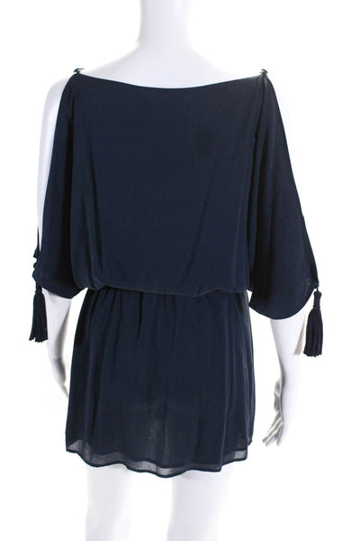 Leyendecker Womens Silk Textured Tassel Cold Shoulder Blouson Dress Blue Size 0