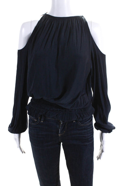 Ramy Brook Womens Hook & Eye Cold Shoulder Ruche Long Sleeve Blouse Navy Size XS