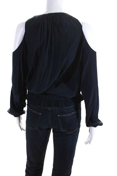 Ramy Brook Womens Hook & Eye Cold Shoulder Ruche Long Sleeve Blouse Navy Size XS