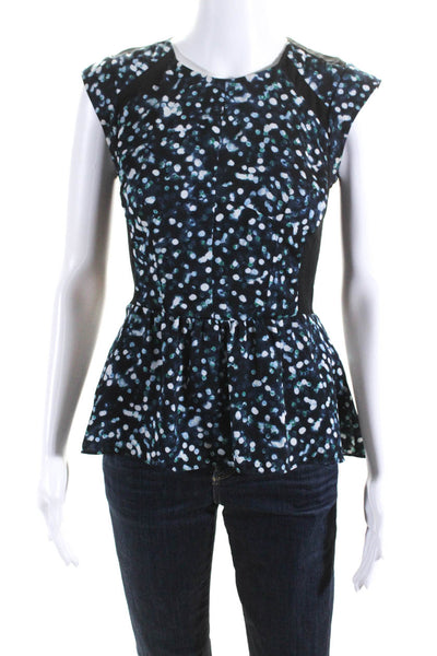 Rebecca Taylor Womens Polka Dot Print Colorblock Zip Peplum Blouse Blue Size 0