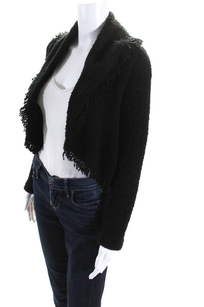 Fuzzi Womens Texture Frayed Open Front Long Sleeve Collar Cardigan Black Size XS