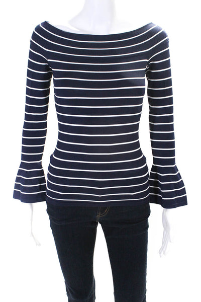 Intermix Womens Knit Striped Off The Shoulder Long Sleeve Sweater Navy Size P