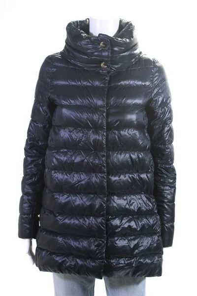 Herno Womens Quilted High Neck Button Up Longline Down Coat Navy Size 38 2