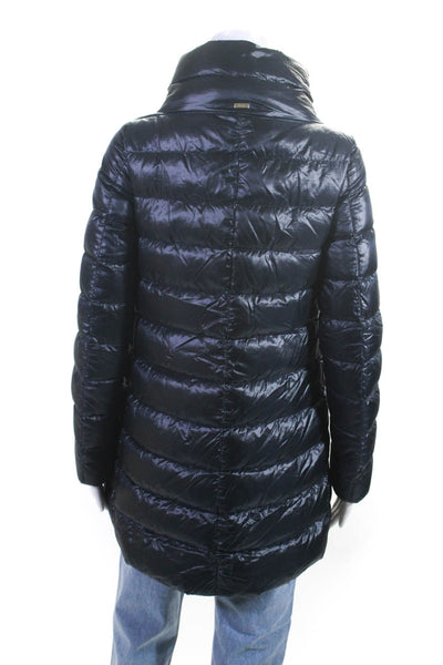Herno Womens Quilted High Neck Button Up Longline Down Coat Navy Size 38 2