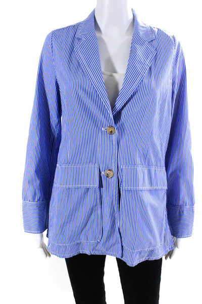 J Crew Womens Striped Buttoned Long Sleeve Collar Shirt Jacket Blue White Size 8