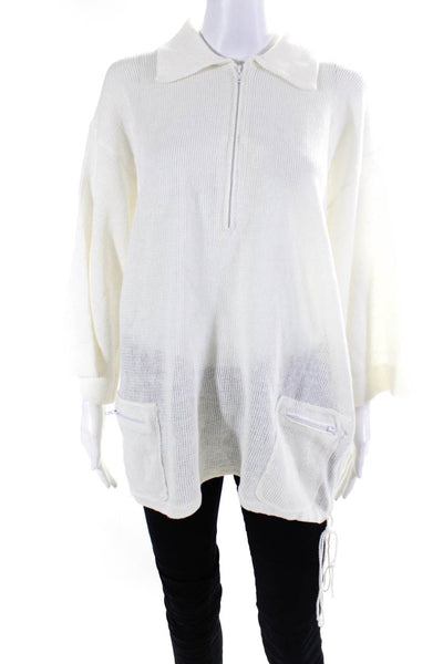 Ball Of Cotton Women's Linen Long Sleeve Quarter Zip Blouse White Size L