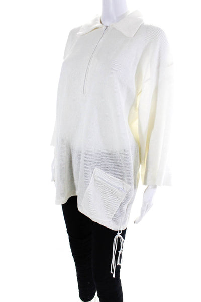 Ball Of Cotton Women's Linen Long Sleeve Quarter Zip Blouse White Size L