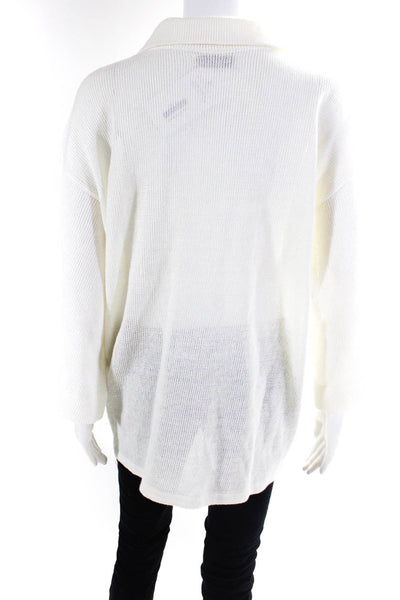 Ball Of Cotton Women's Linen Long Sleeve Quarter Zip Blouse White Size L