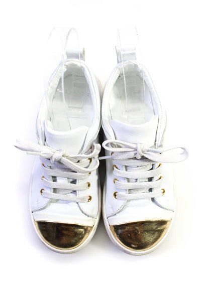 Lanvin Girls' Leather Low Top Gold Toe Cap Lace Up Sneakers White Size 30