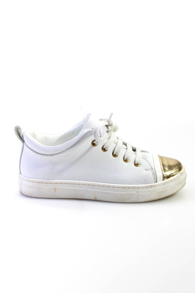 Lanvin Girls' Leather Low Top Gold Toe Cap Lace Up Sneakers White Size 30