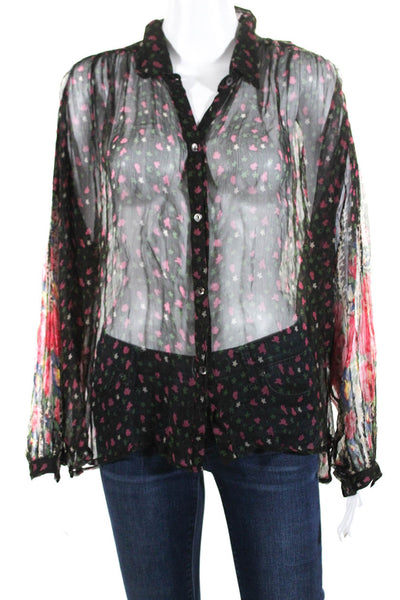 Mes Demoiselles Womens Sheer Floral Long Sleeve Button-Up Blouse Top Black Size2