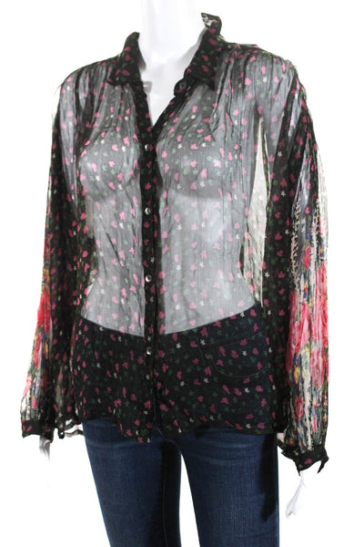 Mes Demoiselles Womens Sheer Floral Long Sleeve Button-Up Blouse Top Black Size2