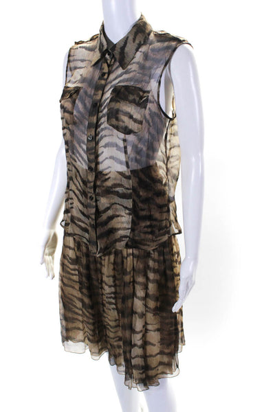 Blue Les Copains Women's Silk Tiger Print Blouse Skirt Set Brown Size 42