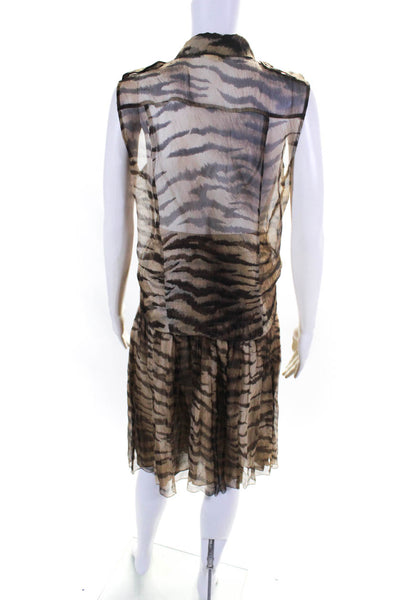 Blue Les Copains Women's Silk Tiger Print Blouse Skirt Set Brown Size 42