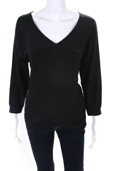 Tibi Womens 100% Silk V Neck Relaxed Fit Long Sleeved Blouse Top Black Size 4
