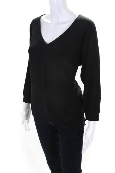 Tibi Womens 100% Silk V Neck Relaxed Fit Long Sleeved Blouse Top Black Size 4