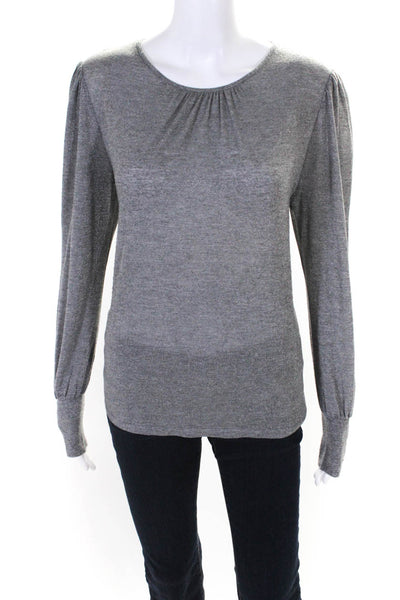 Marella Womens Round Neck Button Pleated Long Sleeve Metallic Blouse Gray Size L