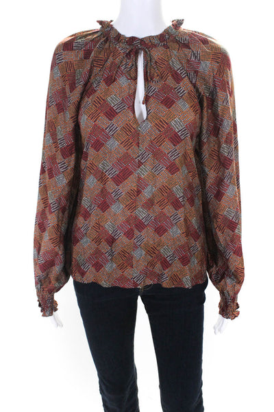 Caballero Womens Geometric Print Sheer Long Sleeved Blouse Brown Red Size S