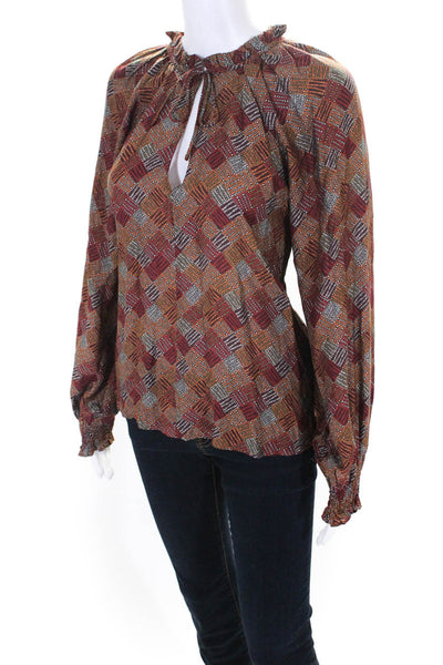 Caballero Womens Geometric Print Sheer Long Sleeved Blouse Brown Red Size S