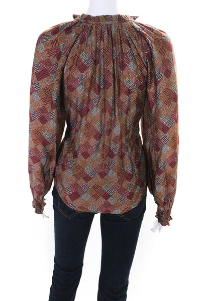 Caballero Womens Geometric Print Sheer Long Sleeved Blouse Brown Red Size S