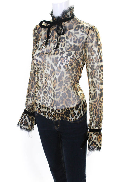 Intermix Womens Silk Leopard Print High Neck Ribbon Blouse Brown Black Size P