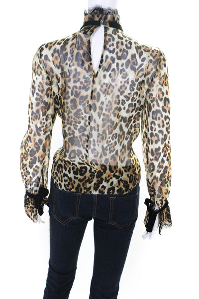 Intermix Womens Silk Leopard Print High Neck Ribbon Blouse Brown Black Size P