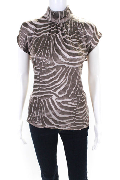 Lola & Sophie Womens Zebra Print High Neck Cap Sleeved Blouse Taupe Gray Size S