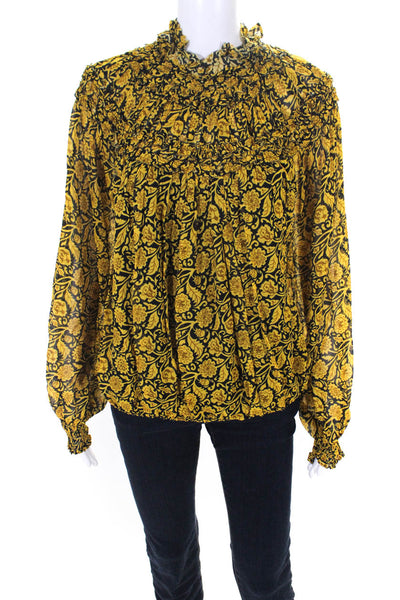 Nicholas Womens Floral Ruffled High Neck Long Sleeved Blouse Yellow Black Size 4