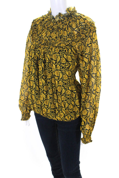 Nicholas Womens Floral Ruffled High Neck Long Sleeved Blouse Yellow Black Size 4