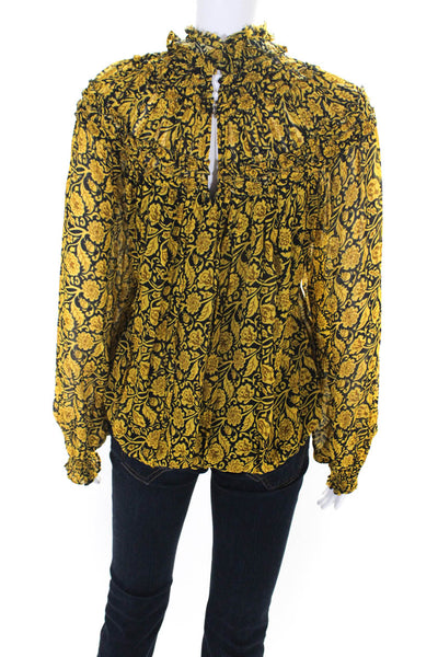 Nicholas Womens Floral Ruffled High Neck Long Sleeved Blouse Yellow Black Size 4