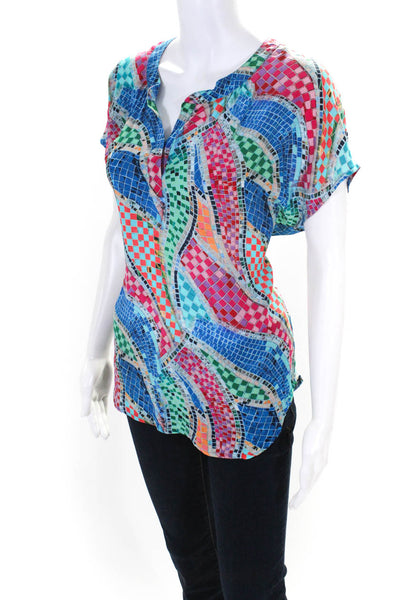 Tolani Womens 100% Silk Abstract V Neck Cap Sleeved Blouse Blue Pink Size S