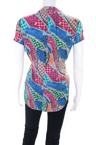 Tolani Womens 100% Silk Abstract V Neck Cap Sleeved Blouse Blue Pink Size S