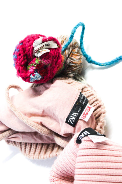 Zara Girls Knit Pom Pom Striped Textured Beanie Hats Mittens Pink Size OS Lot 3