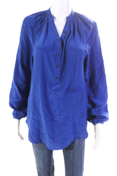 Yumi Kim Womens Silk Ruched Long Sleeve Buttoned Blouse Top Blue Size XS