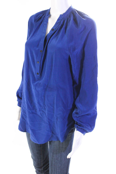 Yumi Kim Womens Silk Ruched Long Sleeve Buttoned Blouse Top Blue Size XS