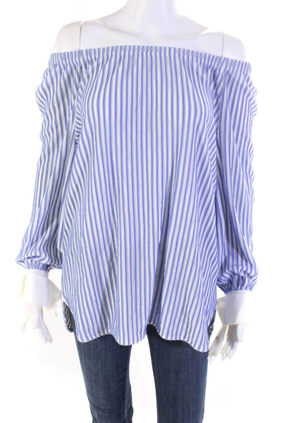 Marc Cain Womens Striped Elastic Neckline Long Sleeved Blouse Blue White Size 1