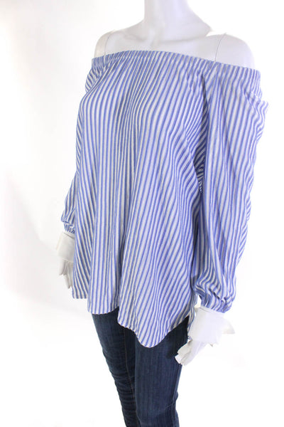 Marc Cain Womens Striped Elastic Neckline Long Sleeved Blouse Blue White Size 1