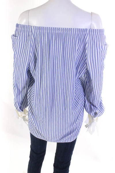 Marc Cain Womens Striped Elastic Neckline Long Sleeved Blouse Blue White Size 1