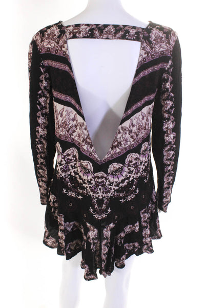 Free People Womens Paisley Open Back Long Sleeve Shift Dress Black Purple Size S