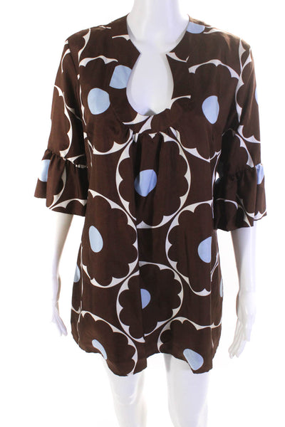 Skirtin Around Womens 100% Long Sleeved Floral Dress Brown White Blue Size 8