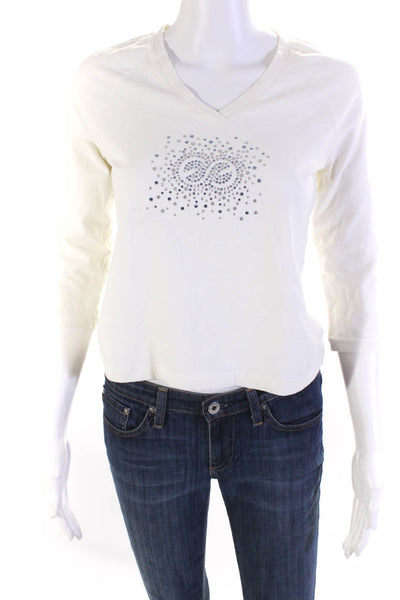 Escada Sport Womens Cotton Sequined V-Neck Long Sleeve Top Blouse White Size S