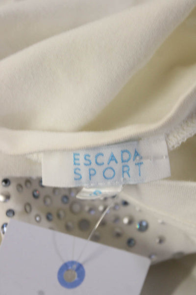 Escada Sport Womens Cotton Sequined V-Neck Long Sleeve Top Blouse White Size S